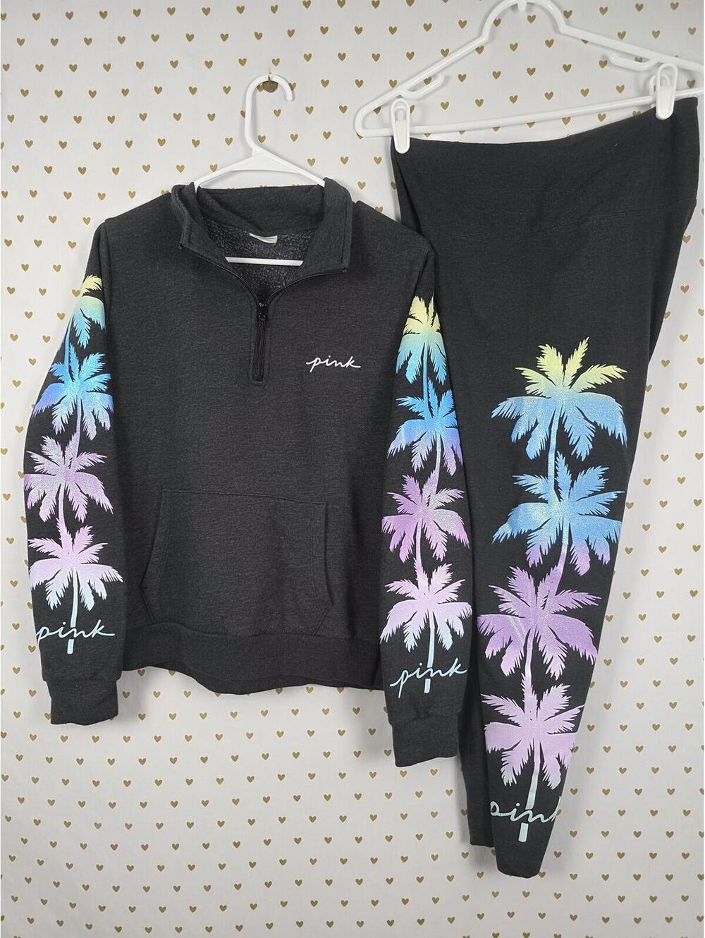 Victorias Secret Pink Bling Glitter Tropical Palm SET Yoga Pants Quarter Zip LRG
